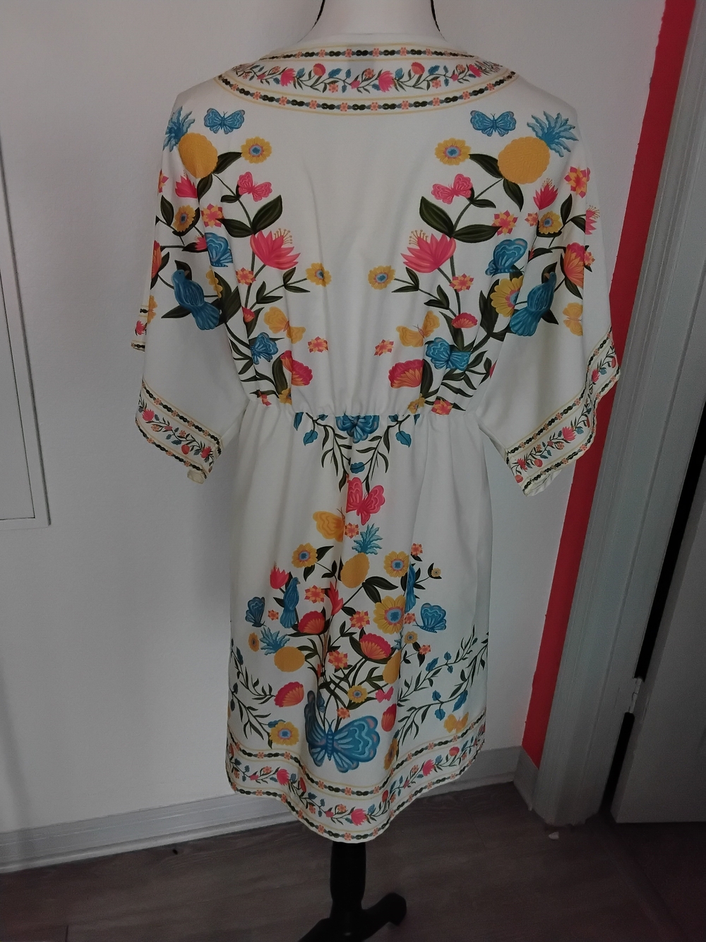 SHEIN White Floral Tie-Front Midi Dress with Blue, Yellow & Pink Accents - Picture 2 of 3
